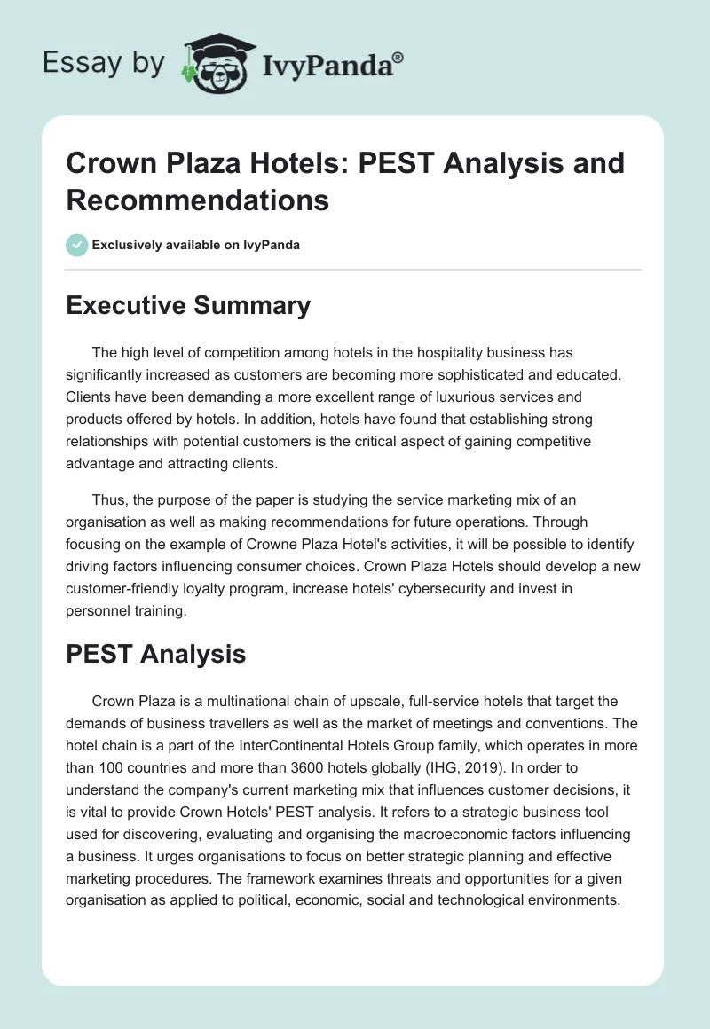 Crown Plaza Hotels: PEST Analysis and Recommendations. Page 1
