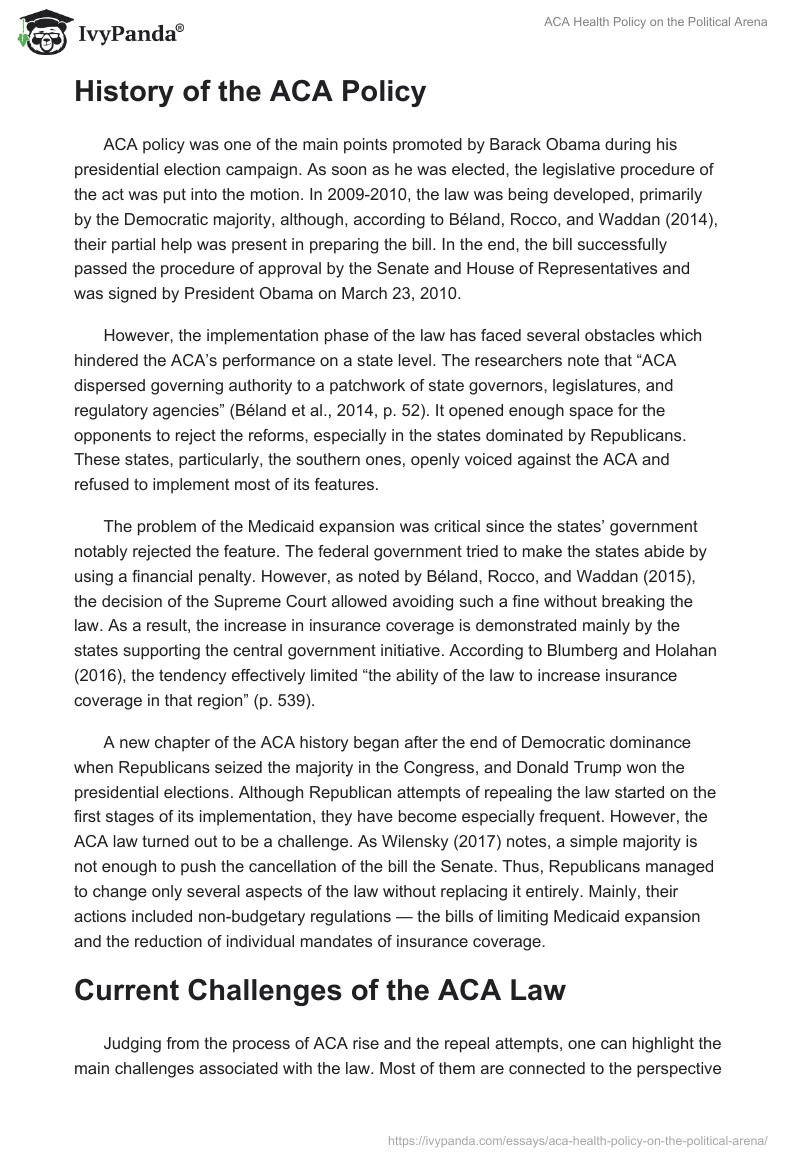 ACA Health Policy on the Political Arena. Page 2