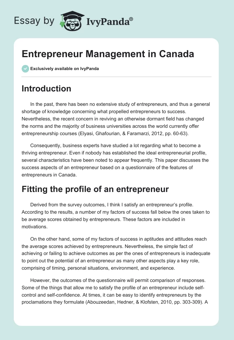 Entrepreneur Management in Canada. Page 1