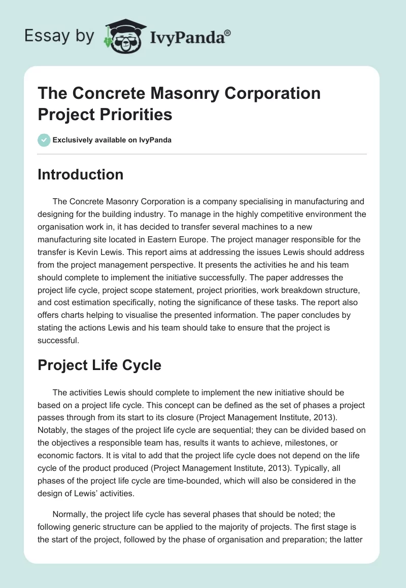 The Concrete Masonry Corporation Project Priorities. Page 1