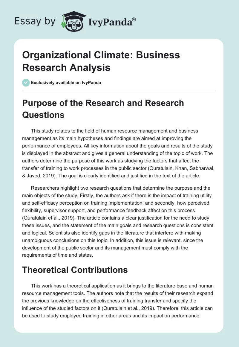 Organizational Climate: Business Research Analysis. Page 1