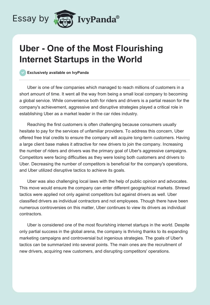 Uber - One of the Most Flourishing Internet Startups in the World. Page 1