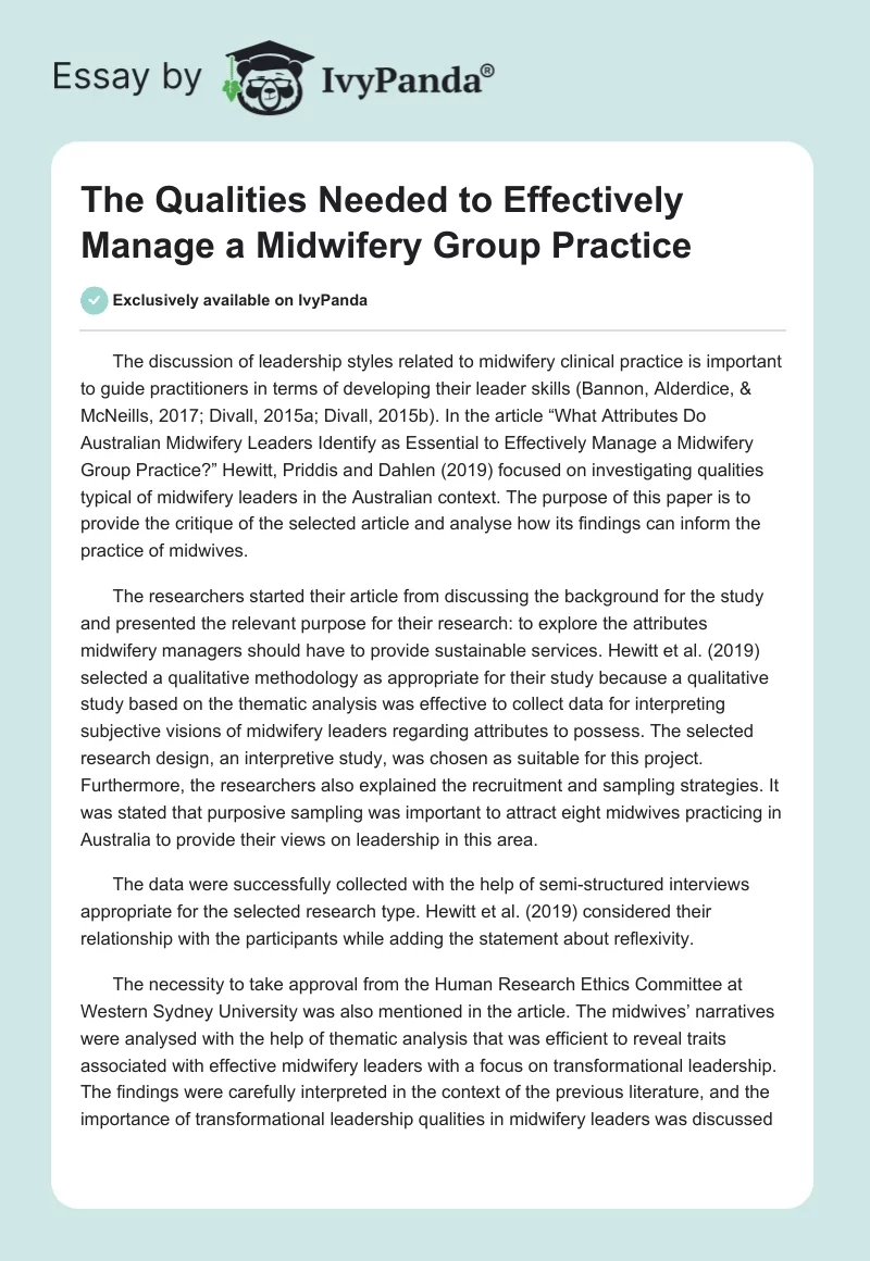 The Qualities Needed to Effectively Manage a Midwifery Group Practice. Page 1