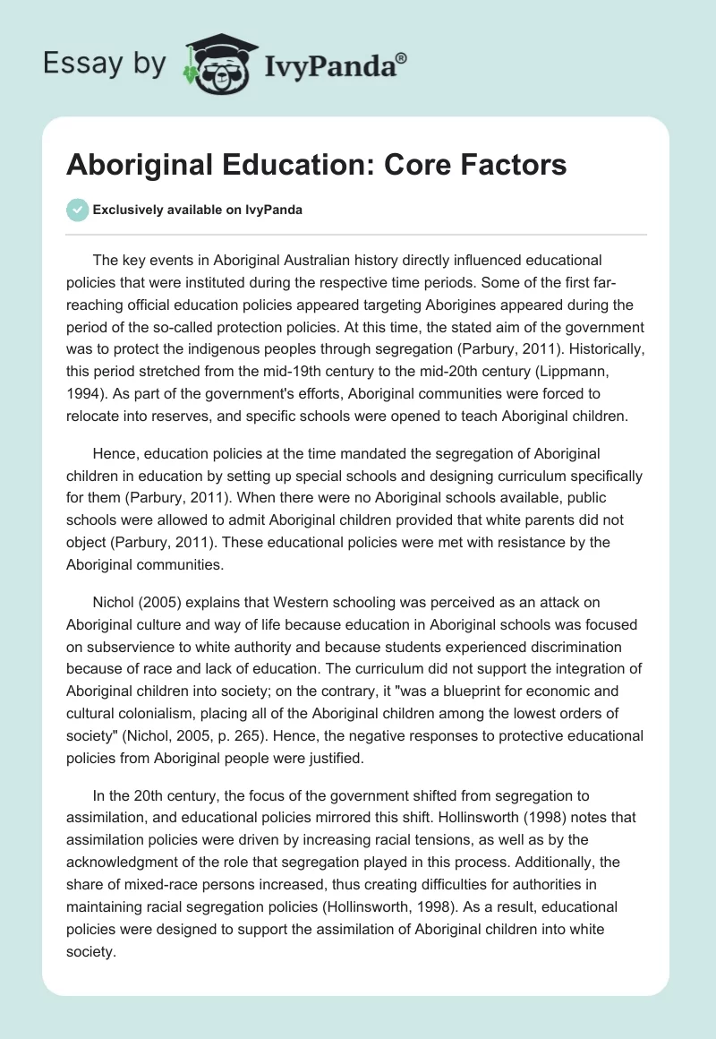 Aboriginal Education: Core Factors. Page 1