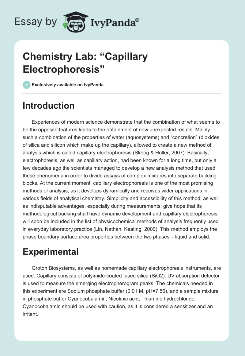 Chemistry Lab: “Capillary Electrophoresis”. Page 1