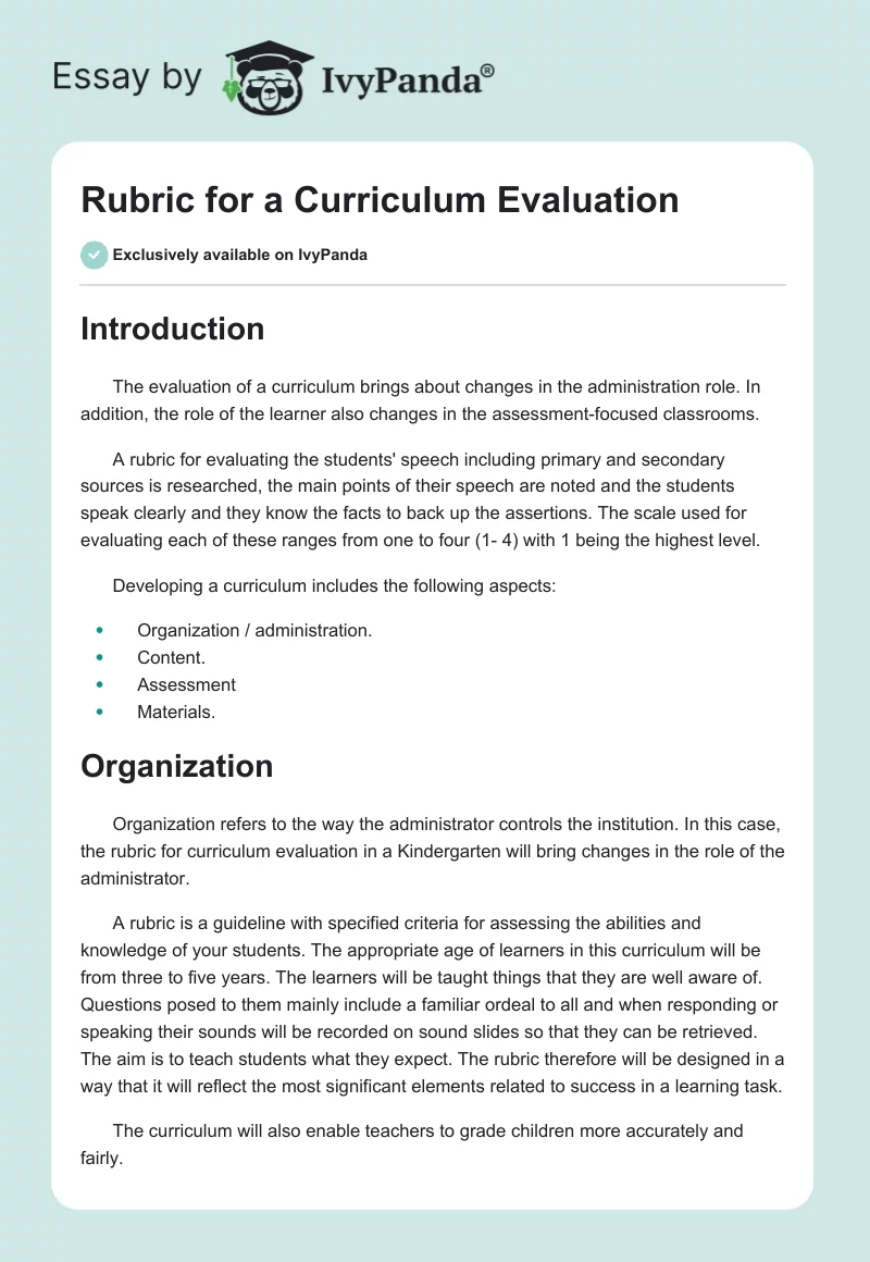 Rubric for a Curriculum Evaluation. Page 1