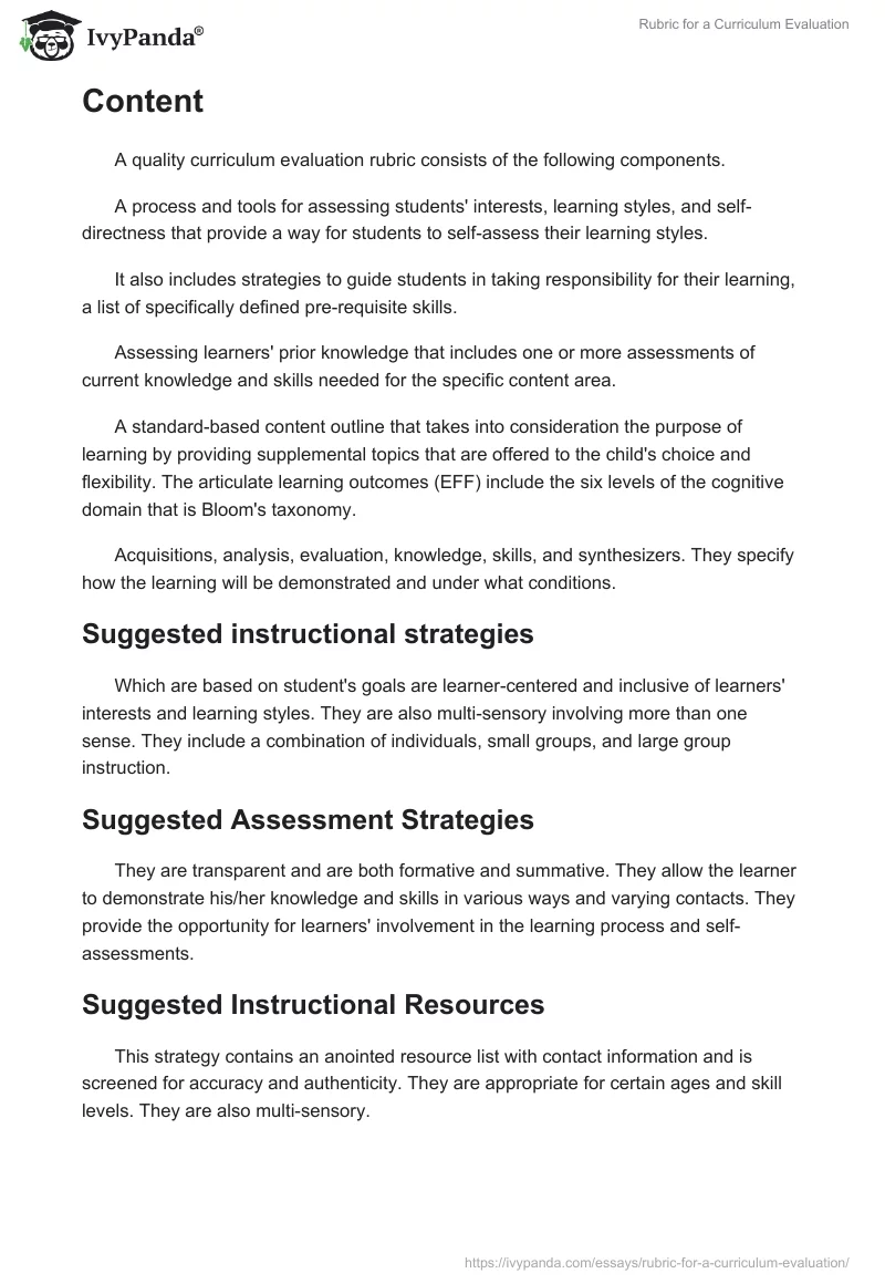 Rubric for a Curriculum Evaluation. Page 2