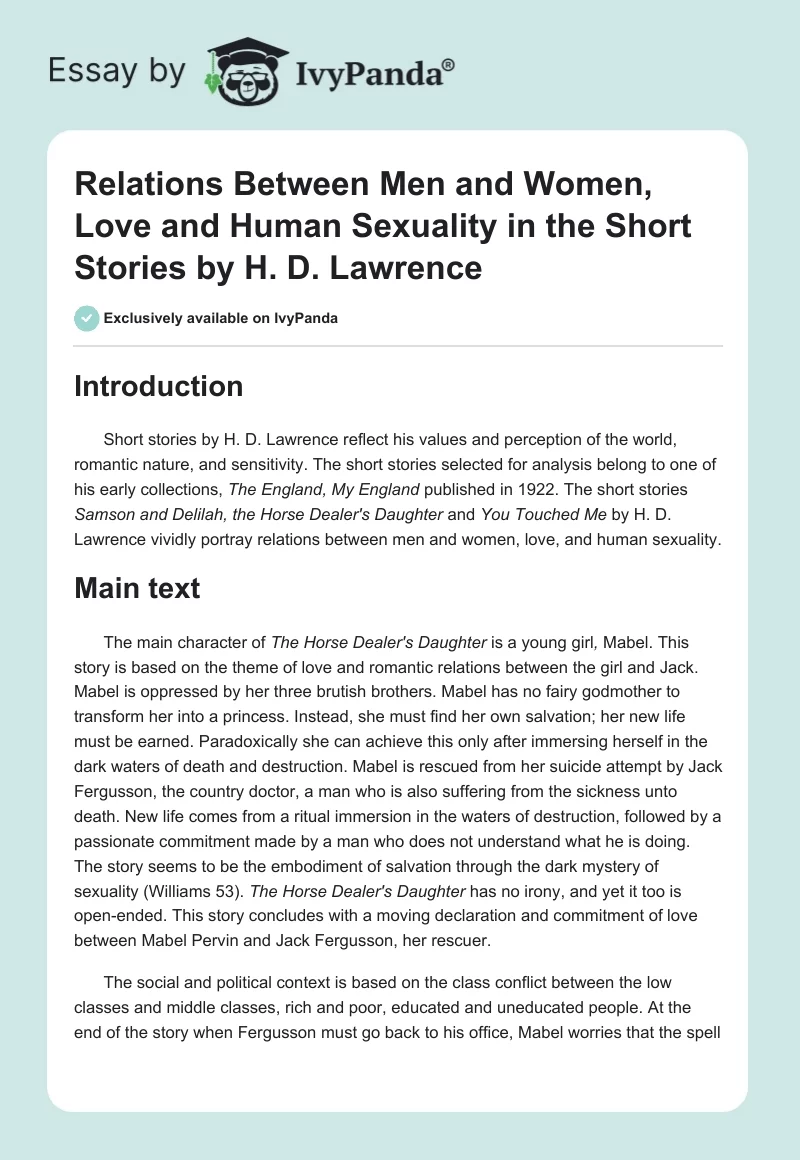 Relations Between Men and Women, Love and Human Sexuality in the Short Stories by H. D. Lawrence. Page 1