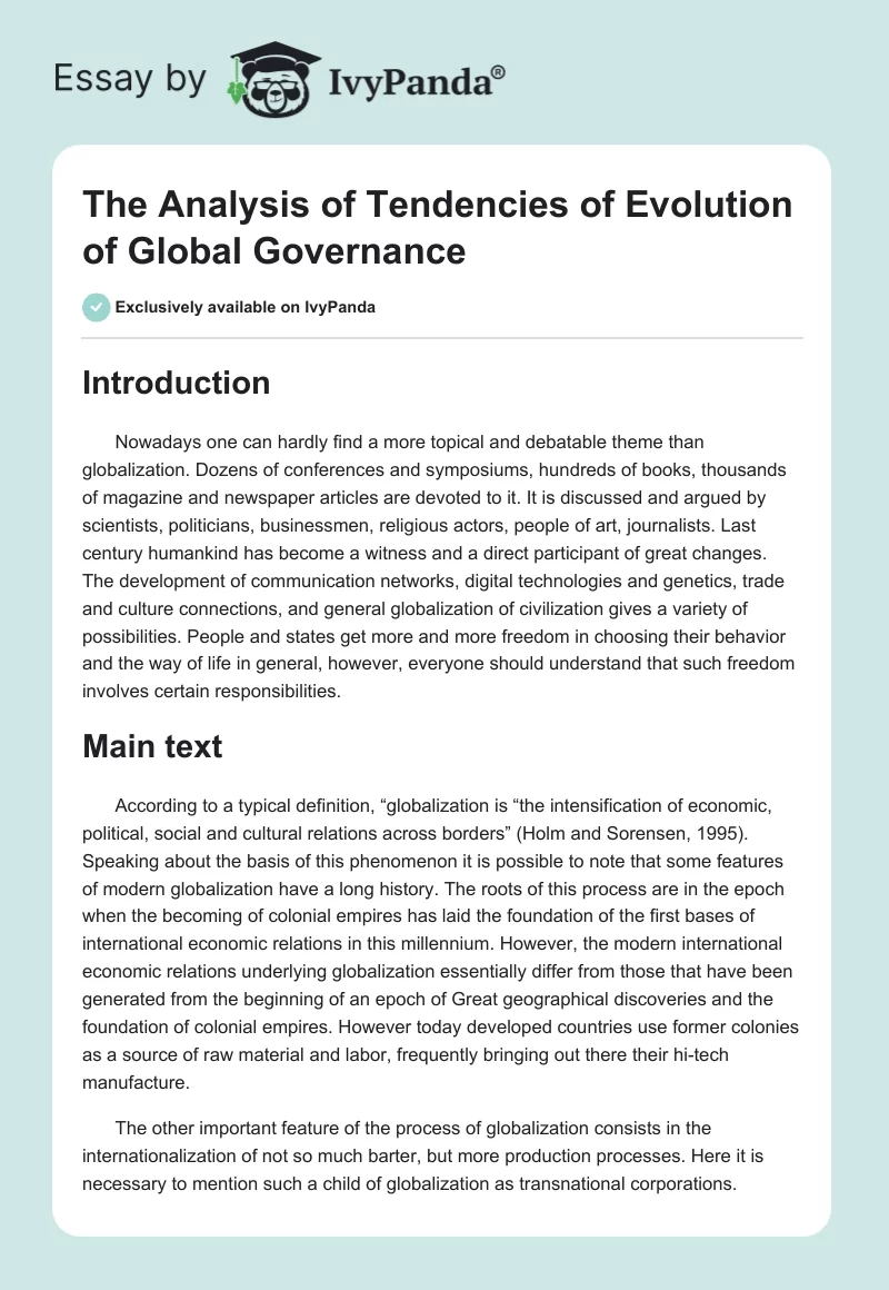 The Analysis of Tendencies of Evolution of Global Governance. Page 1