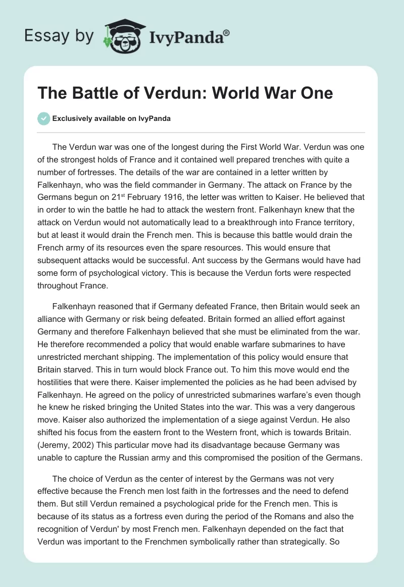 The Battle of Verdun: World War One. Page 1
