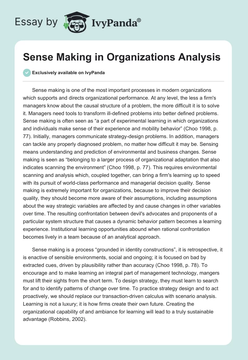 Sense Making in Organizations Analysis. Page 1