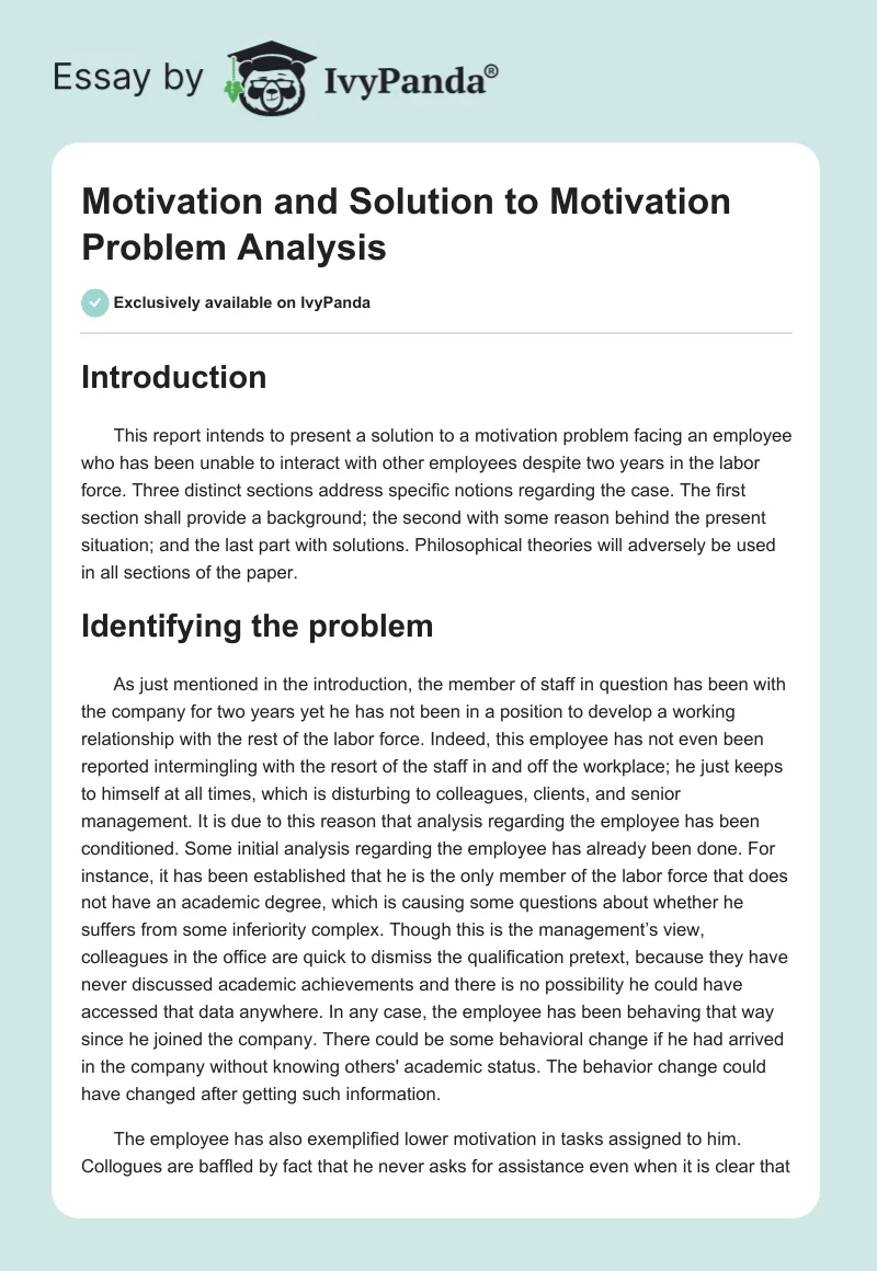 Motivation and Solution to Motivation Problem Analysis. Page 1