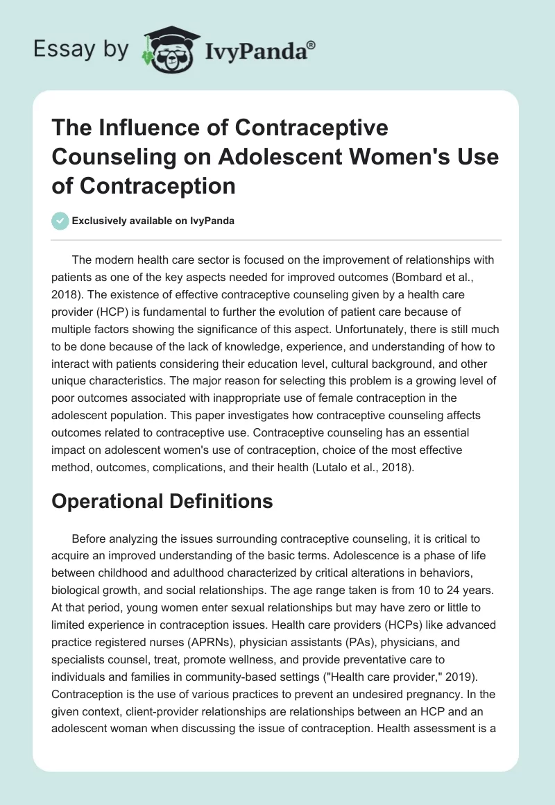 The Influence of Contraceptive Counseling on Adolescent Women's Use of Contraception. Page 1