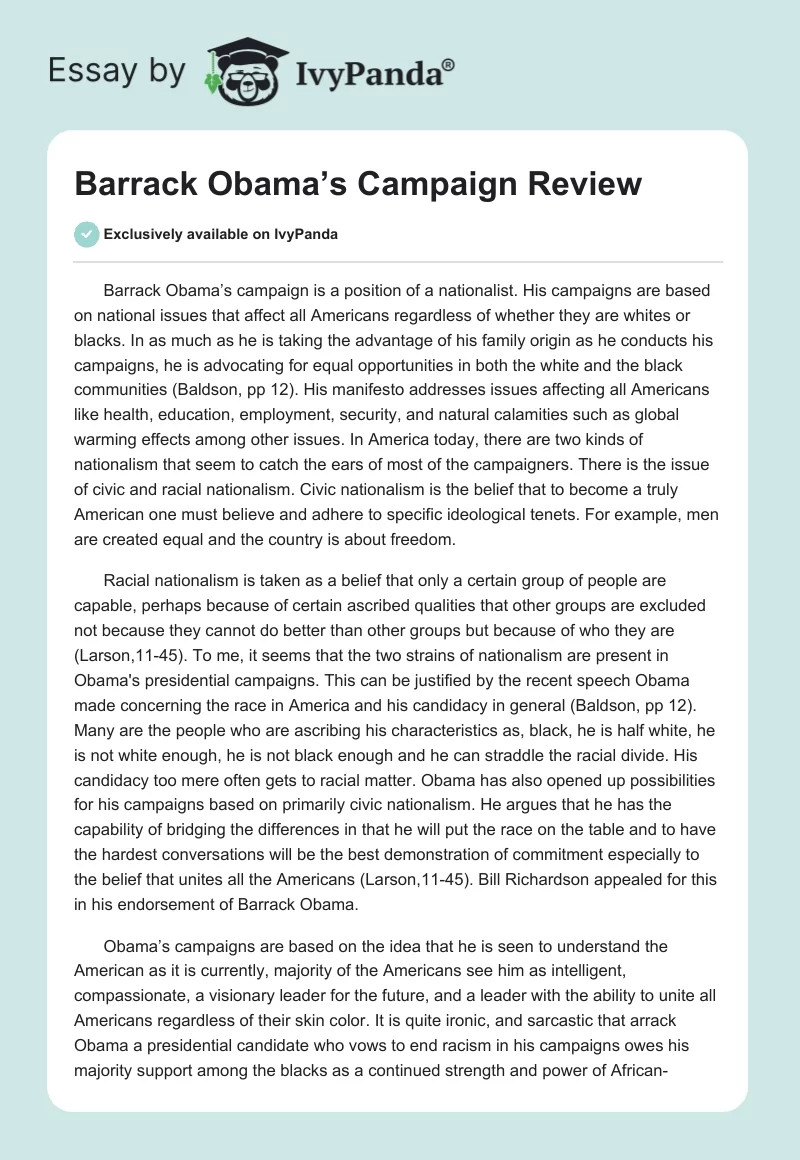 Barrack Obama’s Campaign Review. Page 1