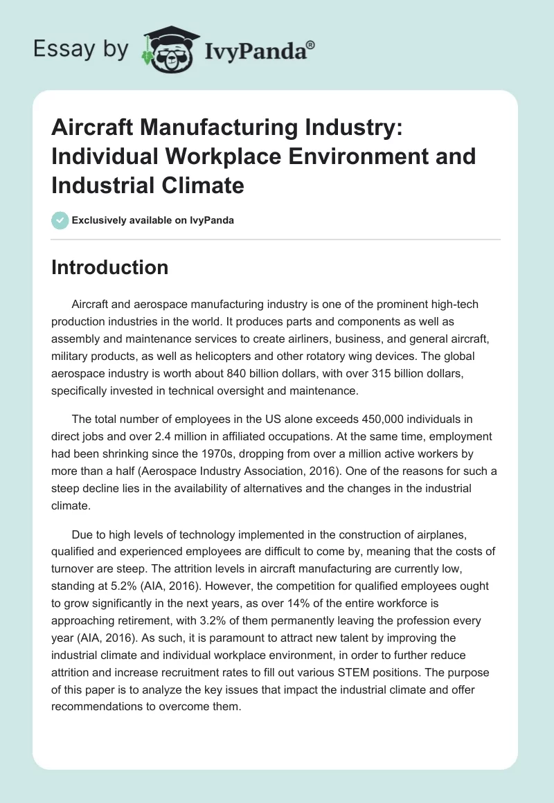 Aircraft Manufacturing Industry: Individual Workplace Environment and Industrial Climate. Page 1