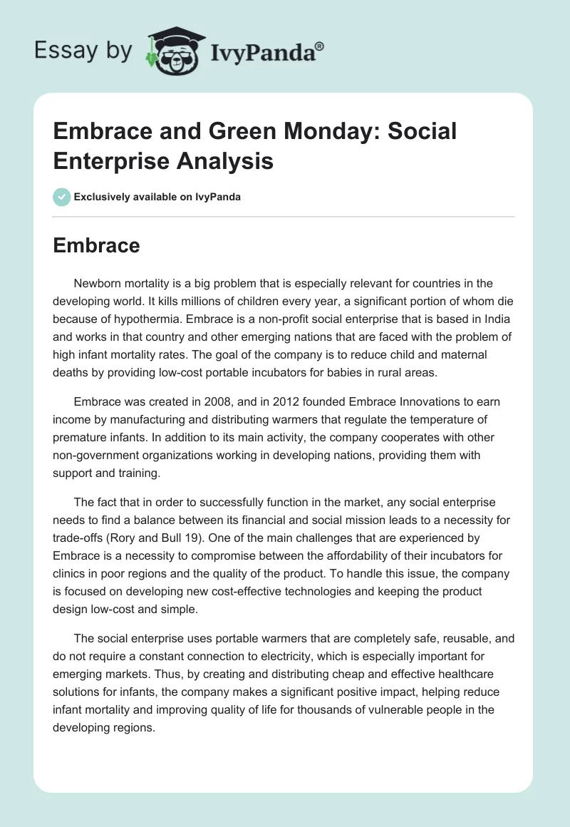 Embrace and Green Monday: Social Enterprise Analysis. Page 1