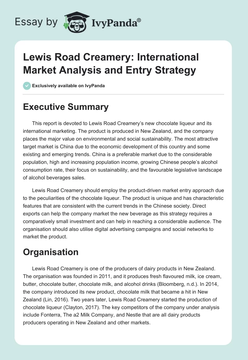 Lewis Road Creamery: International Market Analysis and Entry Strategy. Page 1