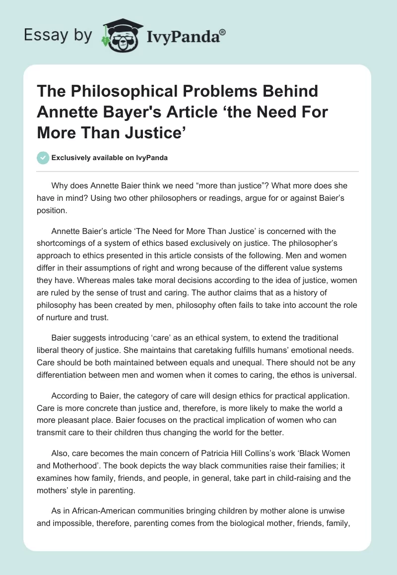 The Philosophical Problems Behind Annette Bayer's Article ‘the Need For More Than Justice’. Page 1