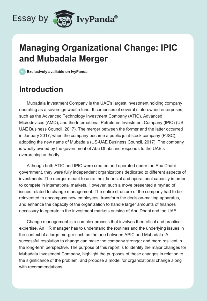 Managing Organizational Change: IPIC and Mubadala Merger. Page 1