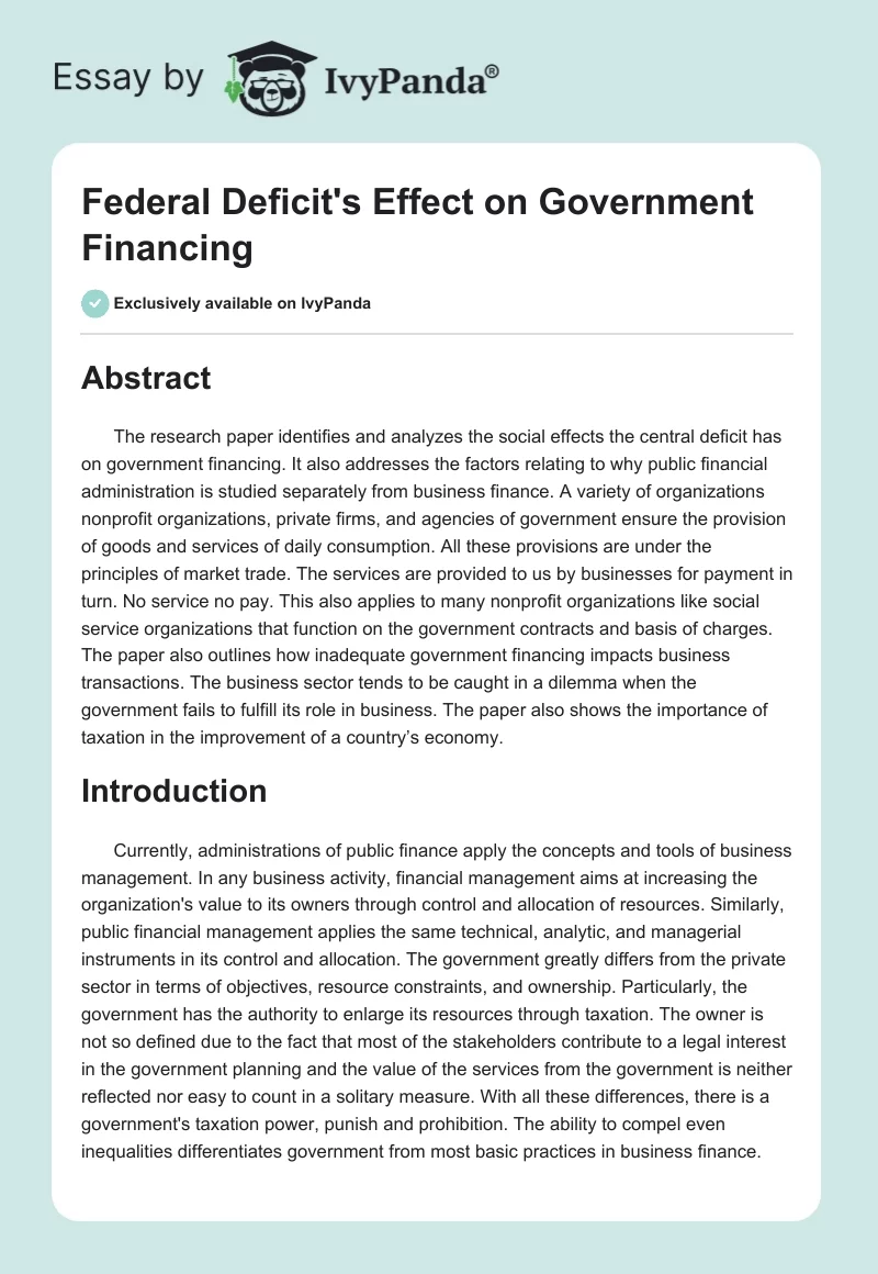 Federal Deficit's Effect on Government Financing. Page 1