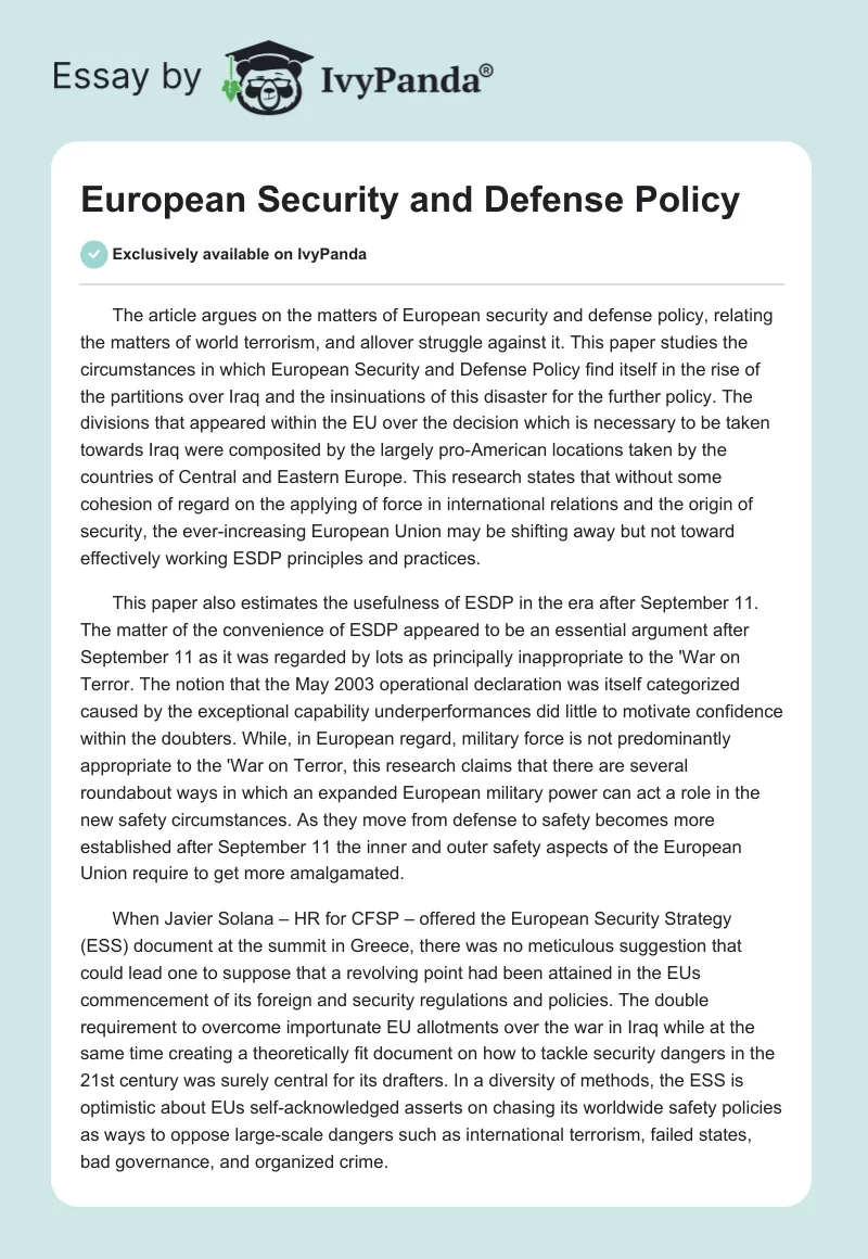European Security and Defense Policy. Page 1