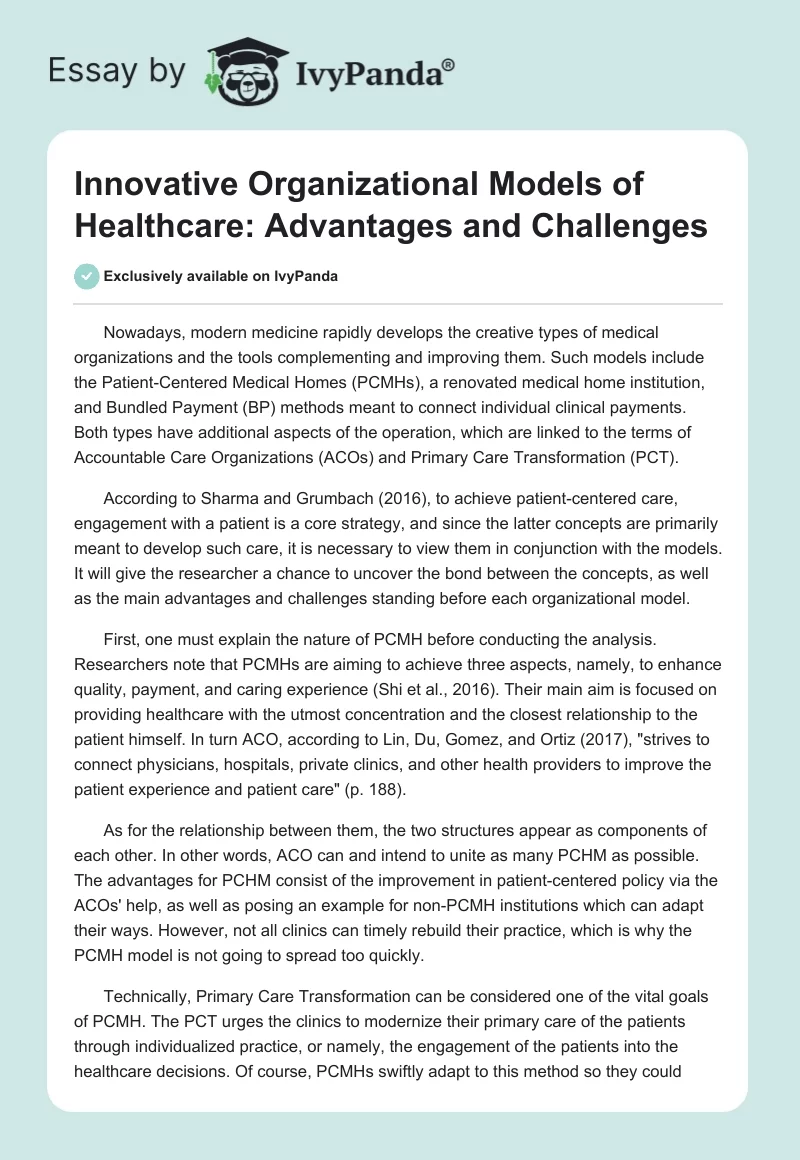 Innovative Organizational Models of Healthcare: Advantages and Challenges. Page 1