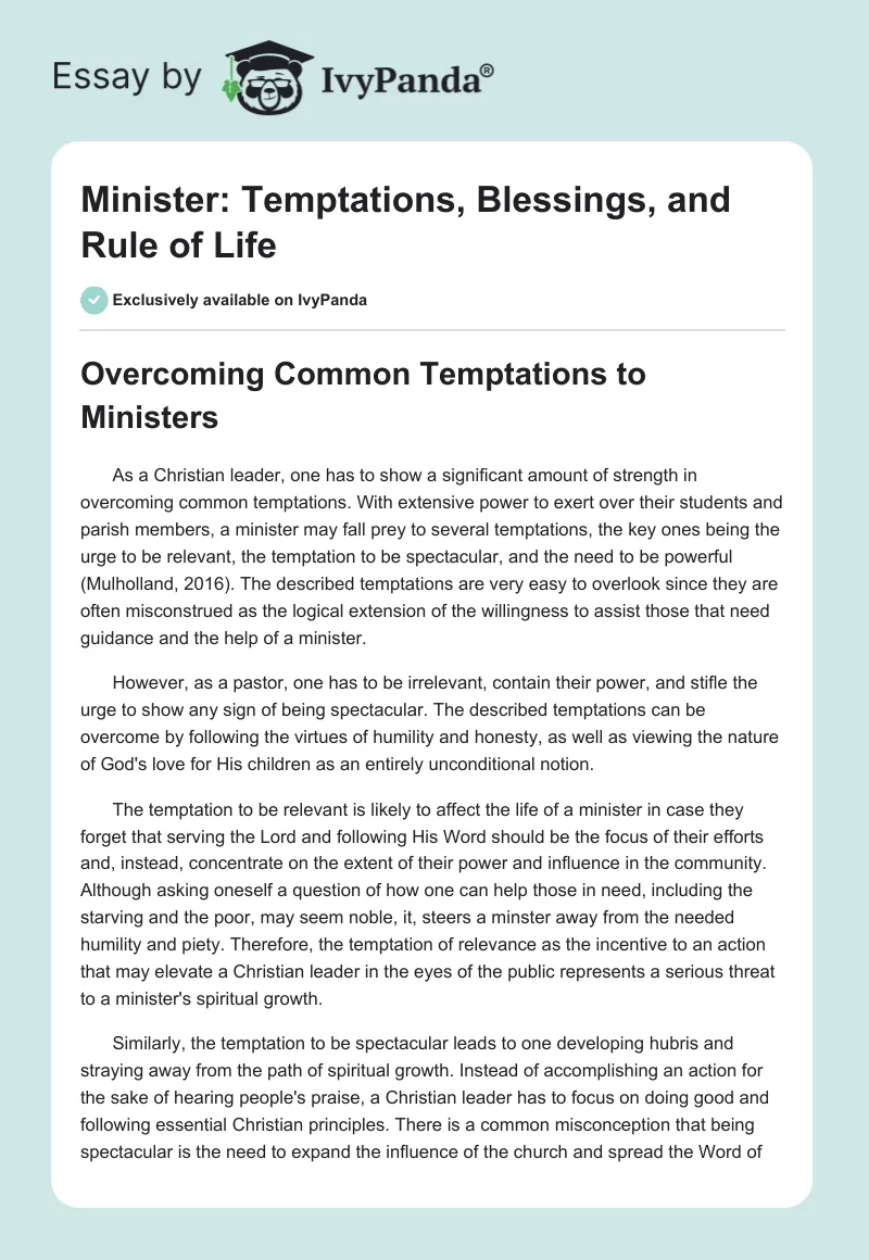 Minister: Temptations, Blessings, and Rule of Life. Page 1