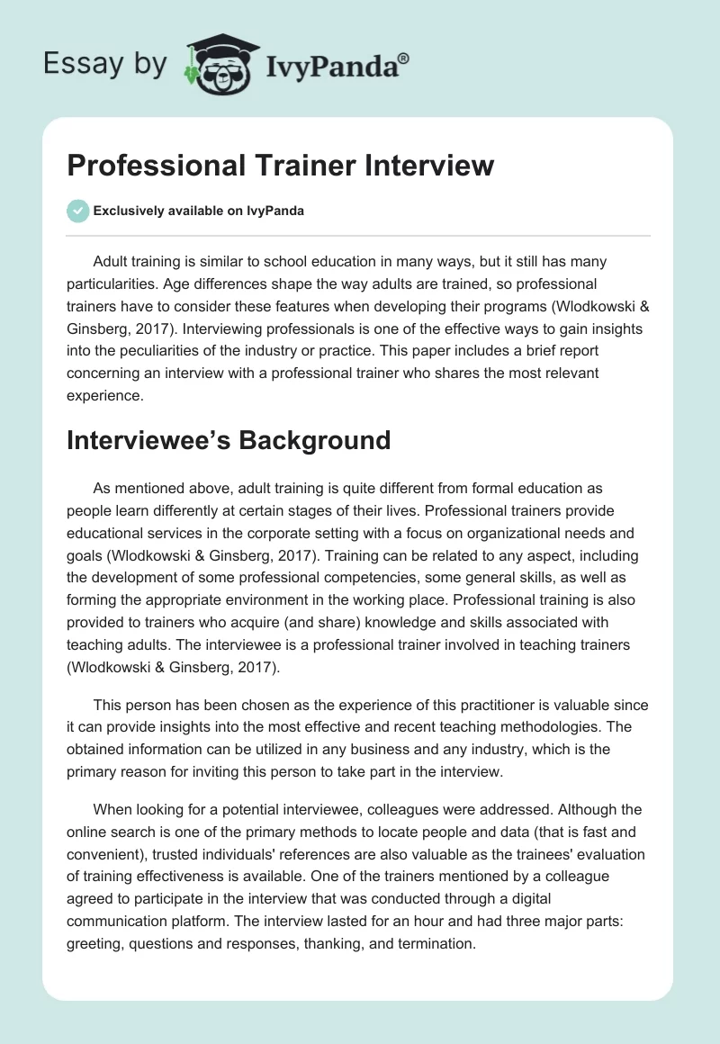 Professional Trainer Interview. Page 1
