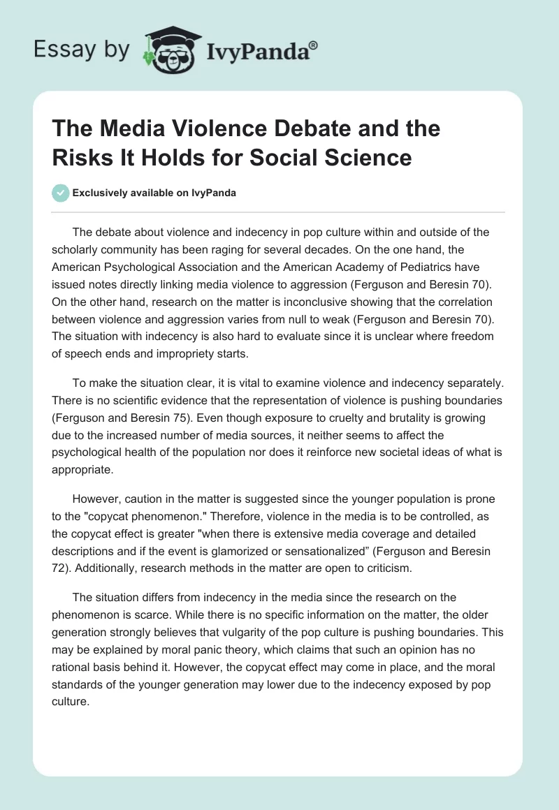 The Media Violence Debate and the Risks It Holds for Social Science. Page 1