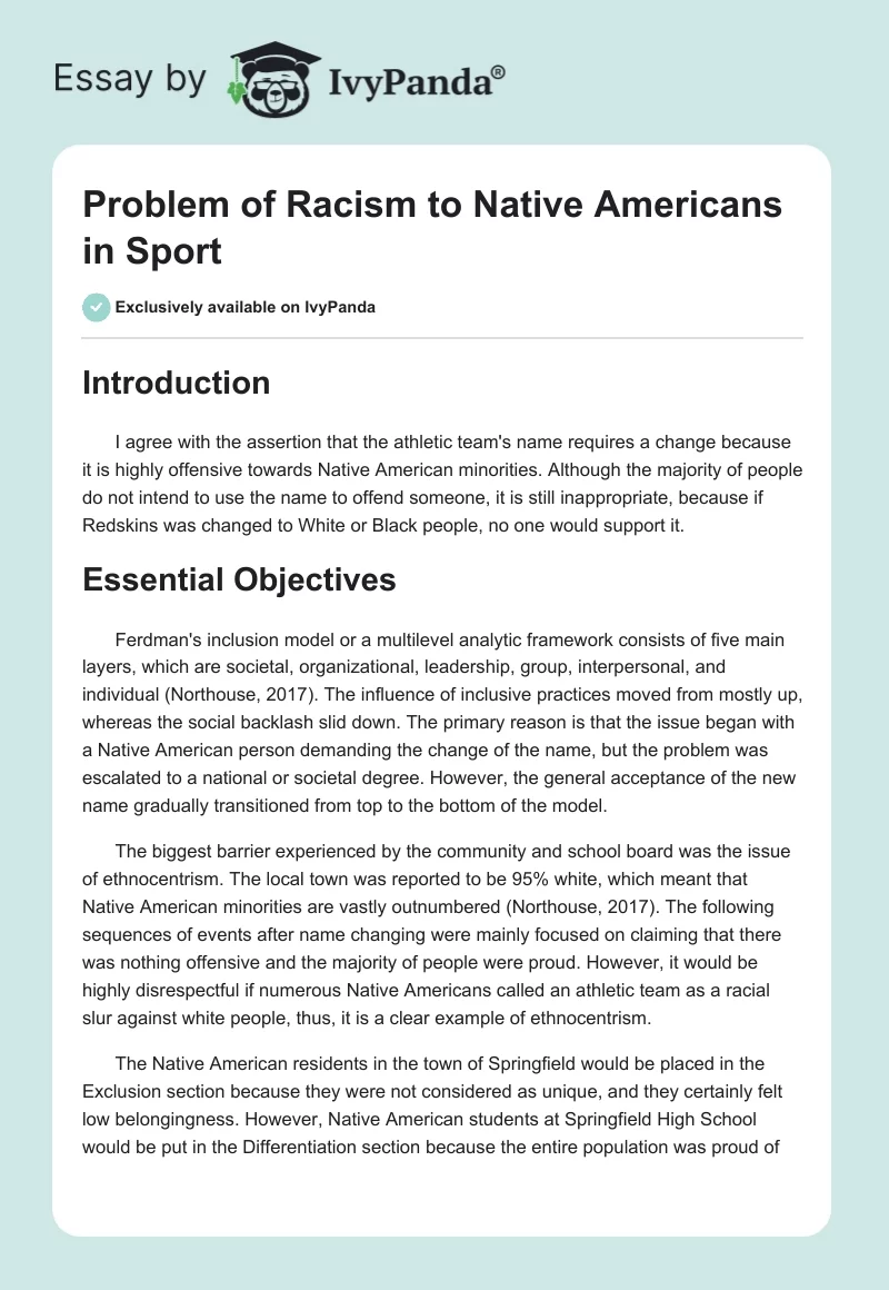 Problem of Racism to Native Americans in Sport. Page 1
