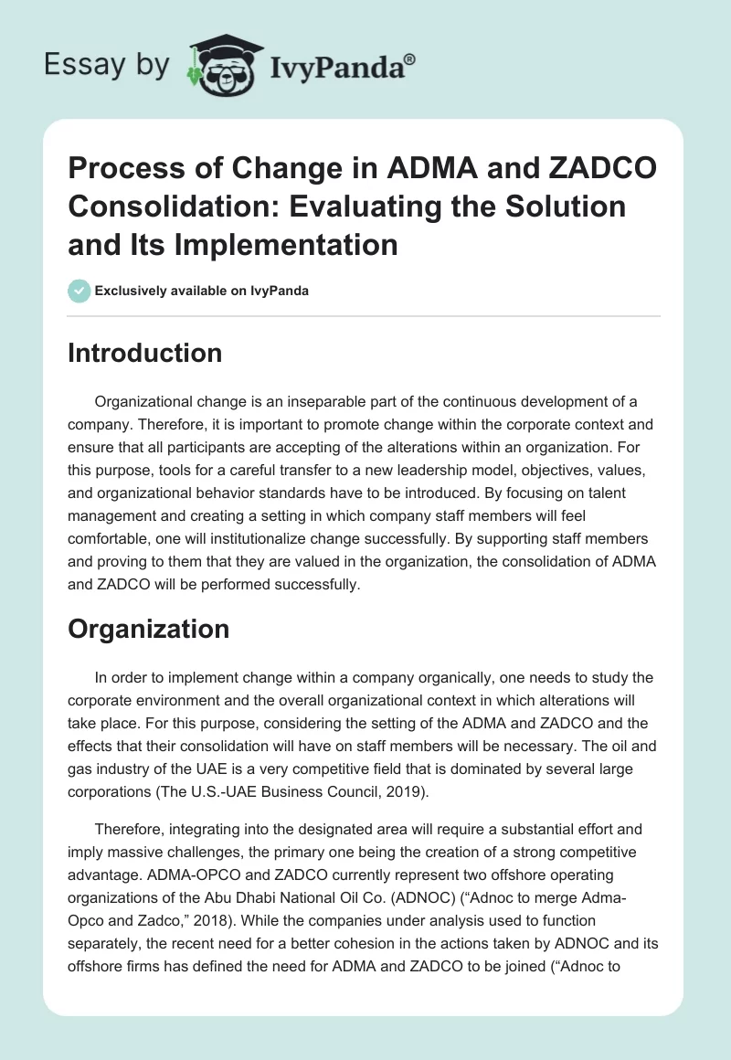 Process of Change in ADMA and ZADCO Consolidation: Evaluating the Solution and Its Implementation. Page 1
