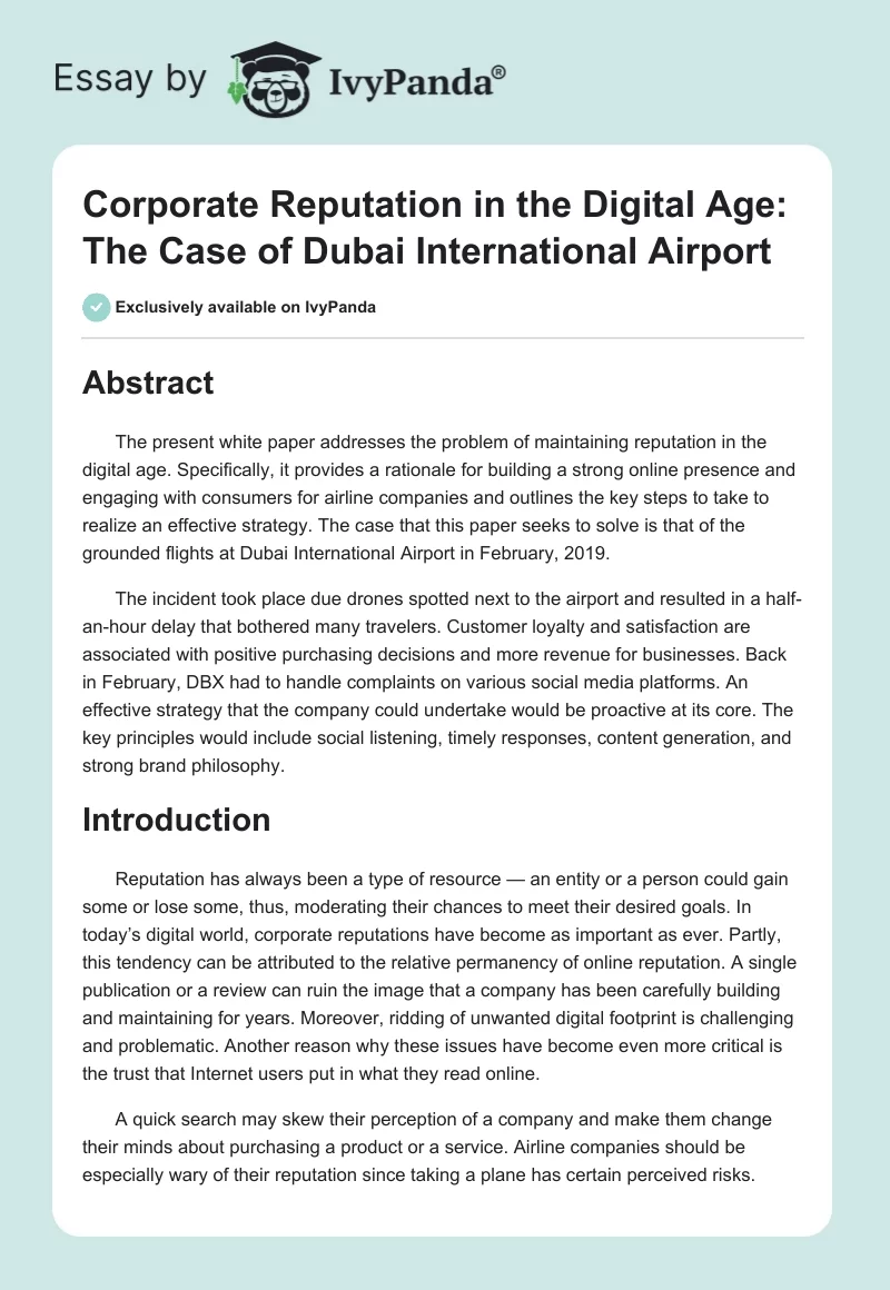 Corporate Reputation in the Digital Age: The Case of Dubai International Airport. Page 1