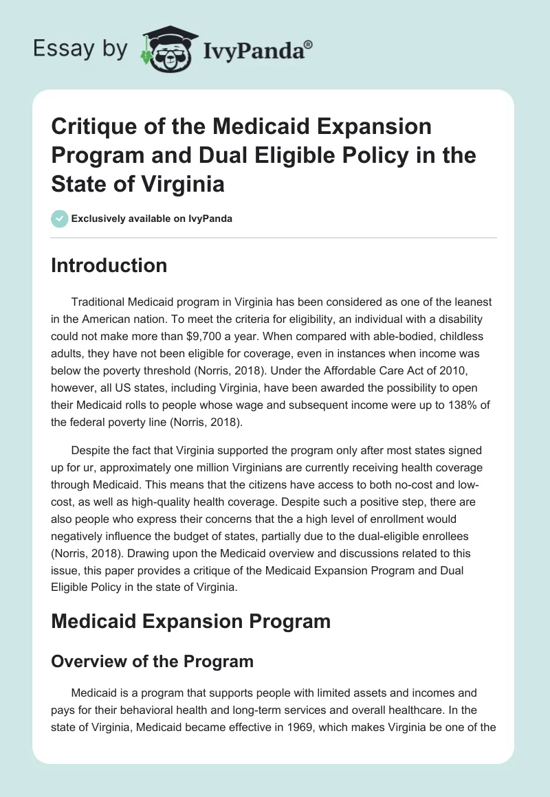 Critique of the Medicaid Expansion Program and Dual Eligible Policy in the State of Virginia. Page 1