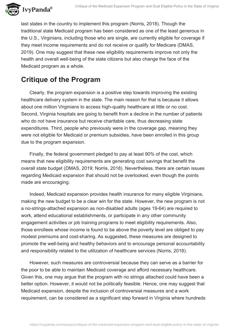Critique of the Medicaid Expansion Program and Dual Eligible Policy in the State of Virginia. Page 2