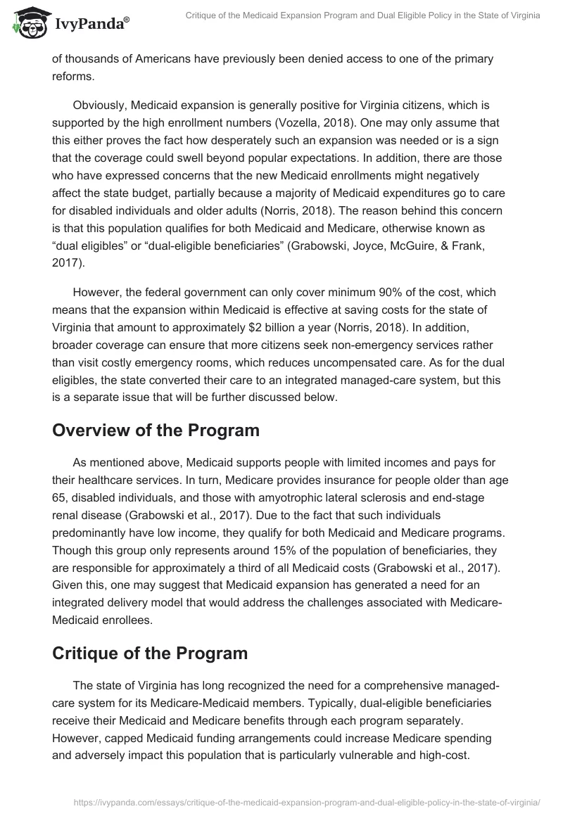 Critique of the Medicaid Expansion Program and Dual Eligible Policy in the State of Virginia. Page 3
