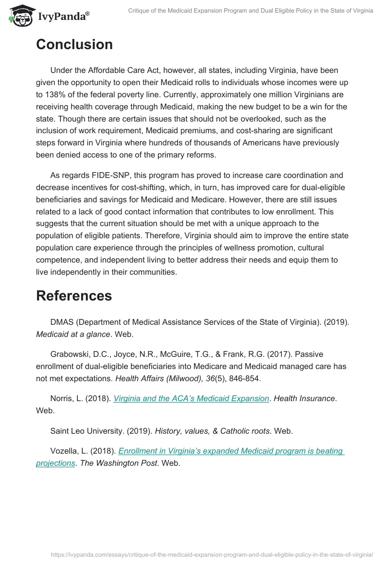 Critique of the Medicaid Expansion Program and Dual Eligible Policy in the State of Virginia. Page 5
