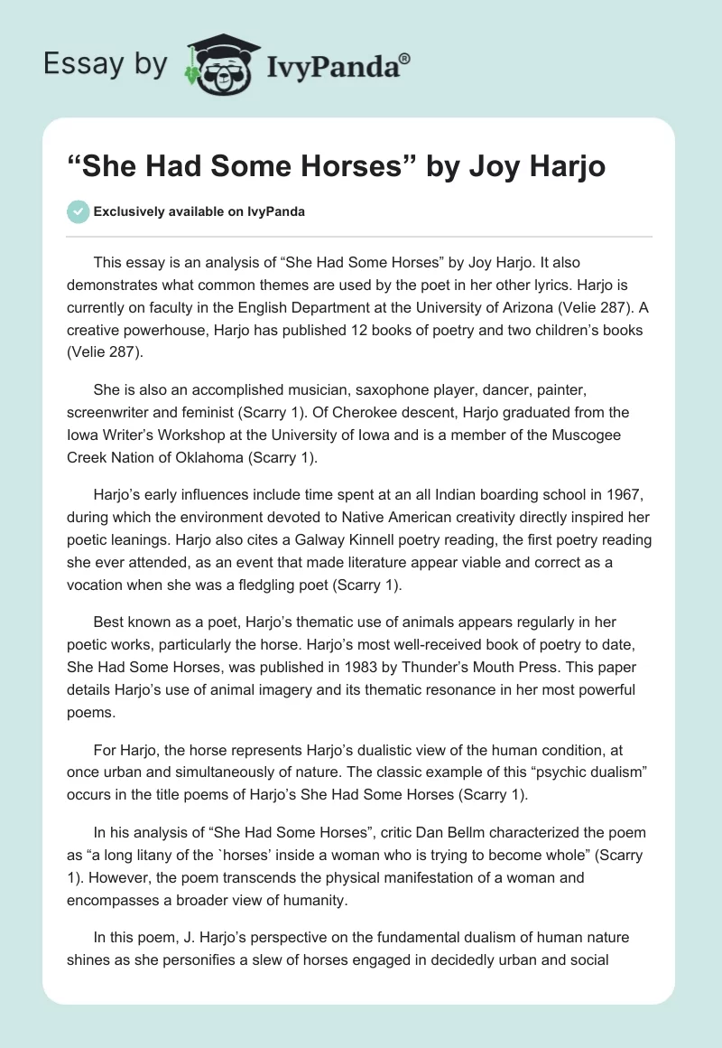 Joy Harjo’s “She Had Some Horses” Analytical Essay. Page 1