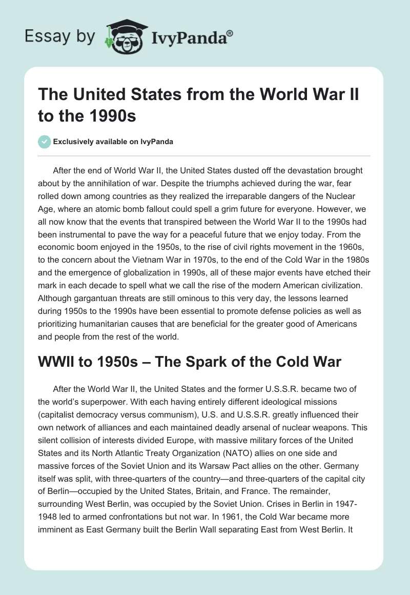 The United States From the World War II to the 1990s. Page 1