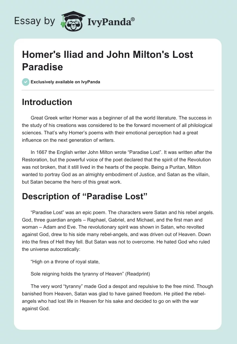 Homer's The Iliad and John Milton's Lost Paradise. Page 1