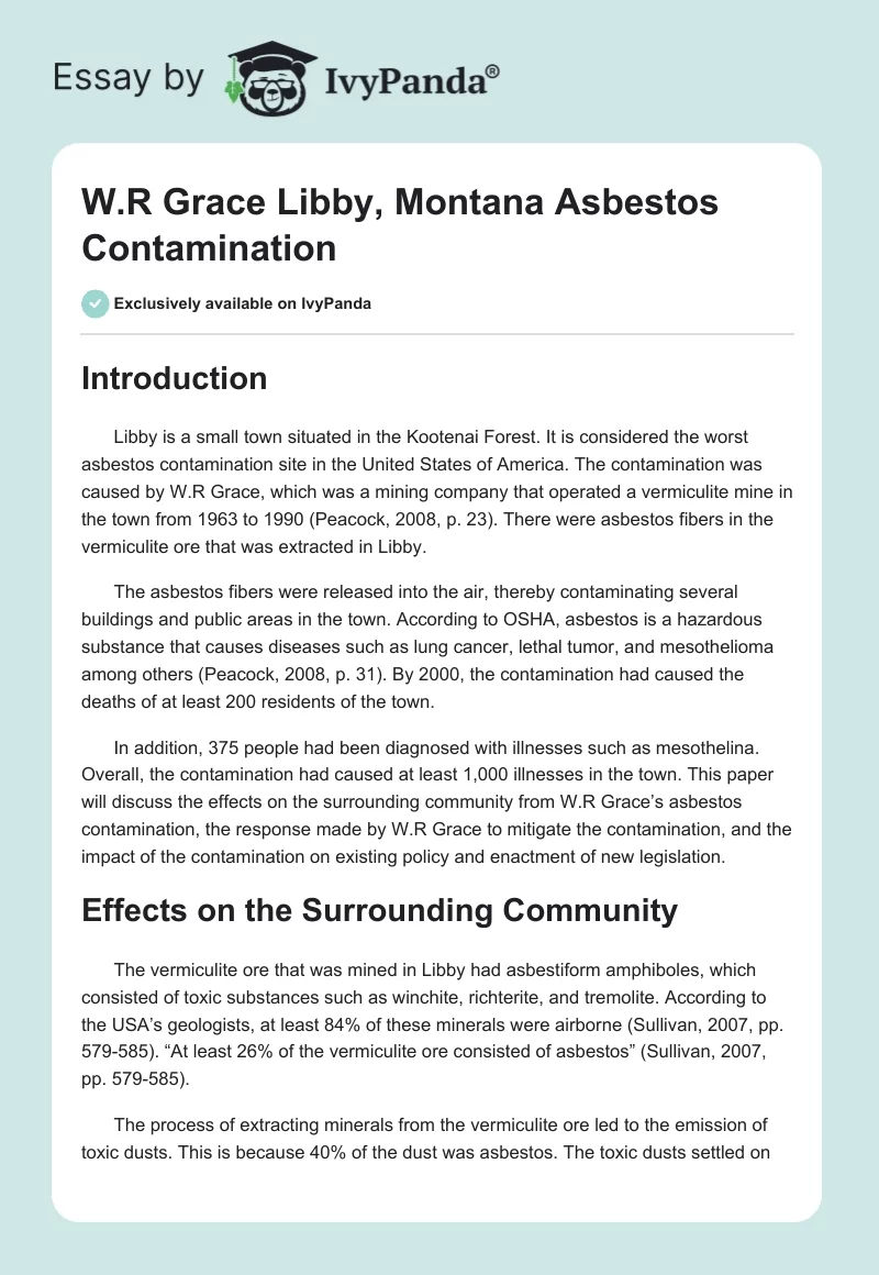 W.R Grace Libby, Montana Asbestos Contamination. Page 1