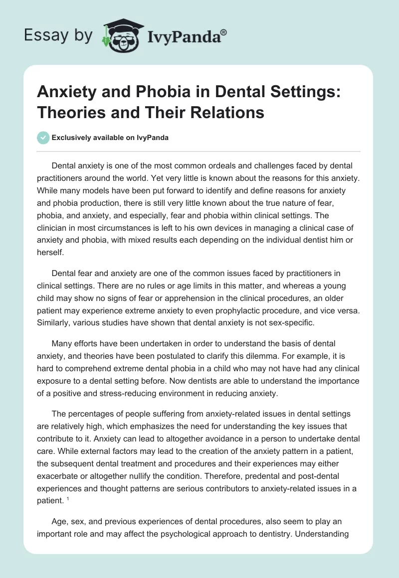 Anxiety and Phobia in Dental Settings: Theories and Their Relations. Page 1