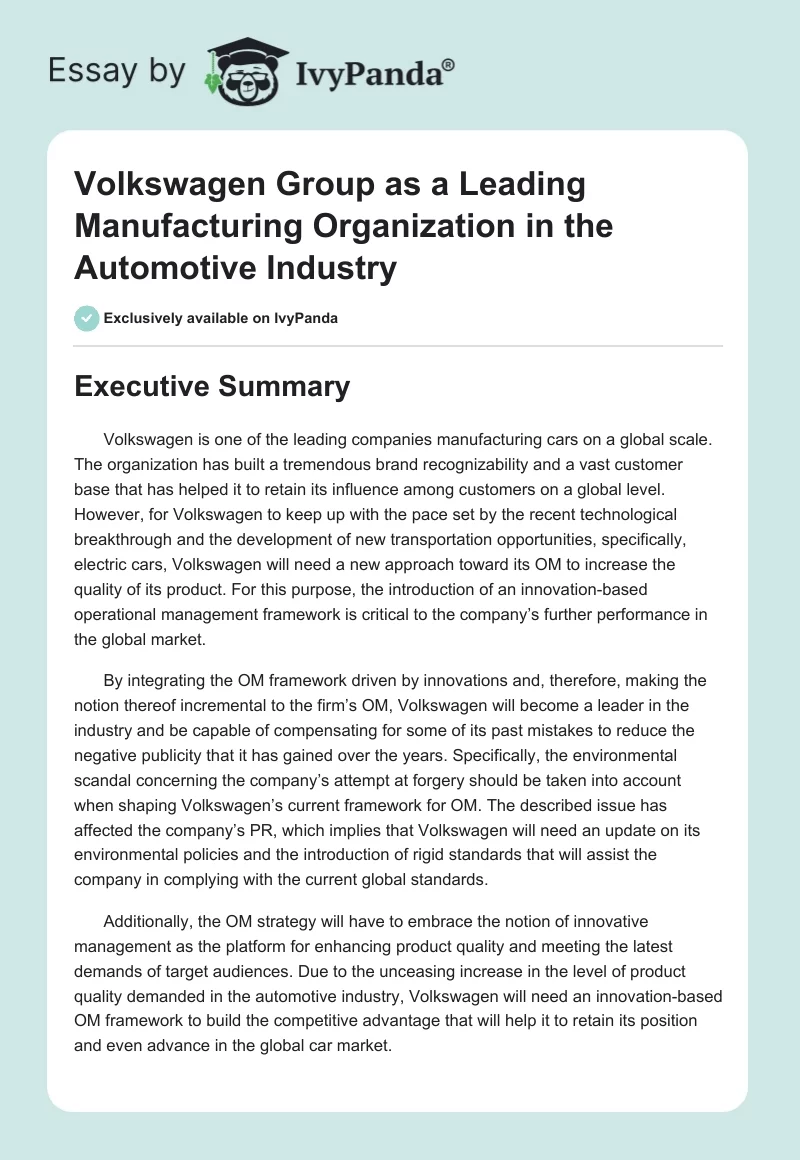 Volkswagen Group as a Leading Manufacturing Organization in the Automotive Industry. Page 1