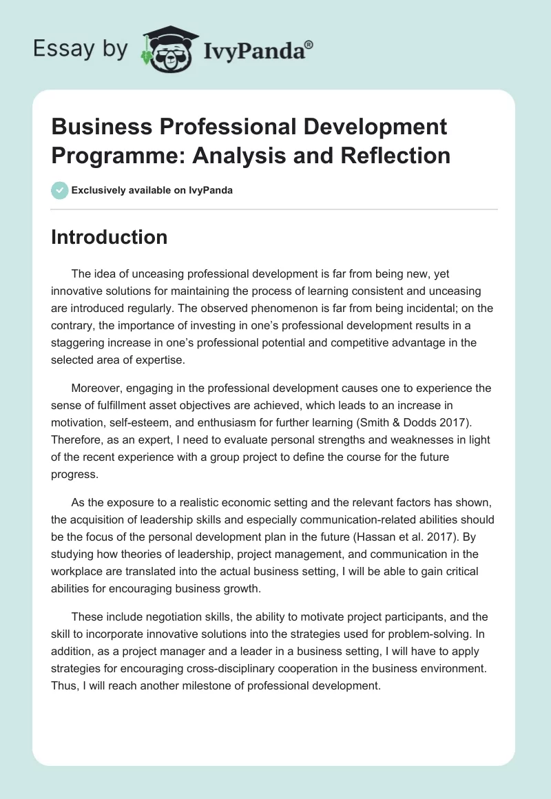 Business Professional Development Programme: Analysis and Reflection. Page 1
