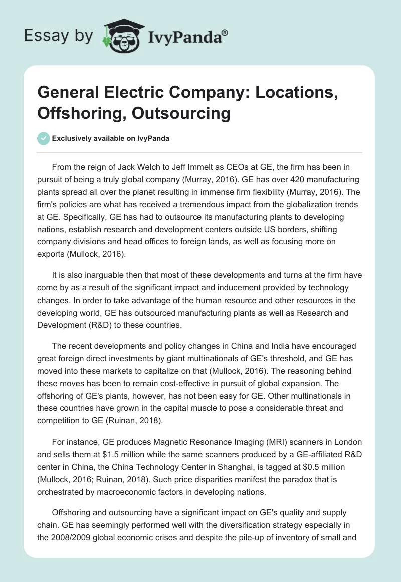 General Electric Company: Locations, Offshoring, Outsourcing. Page 1