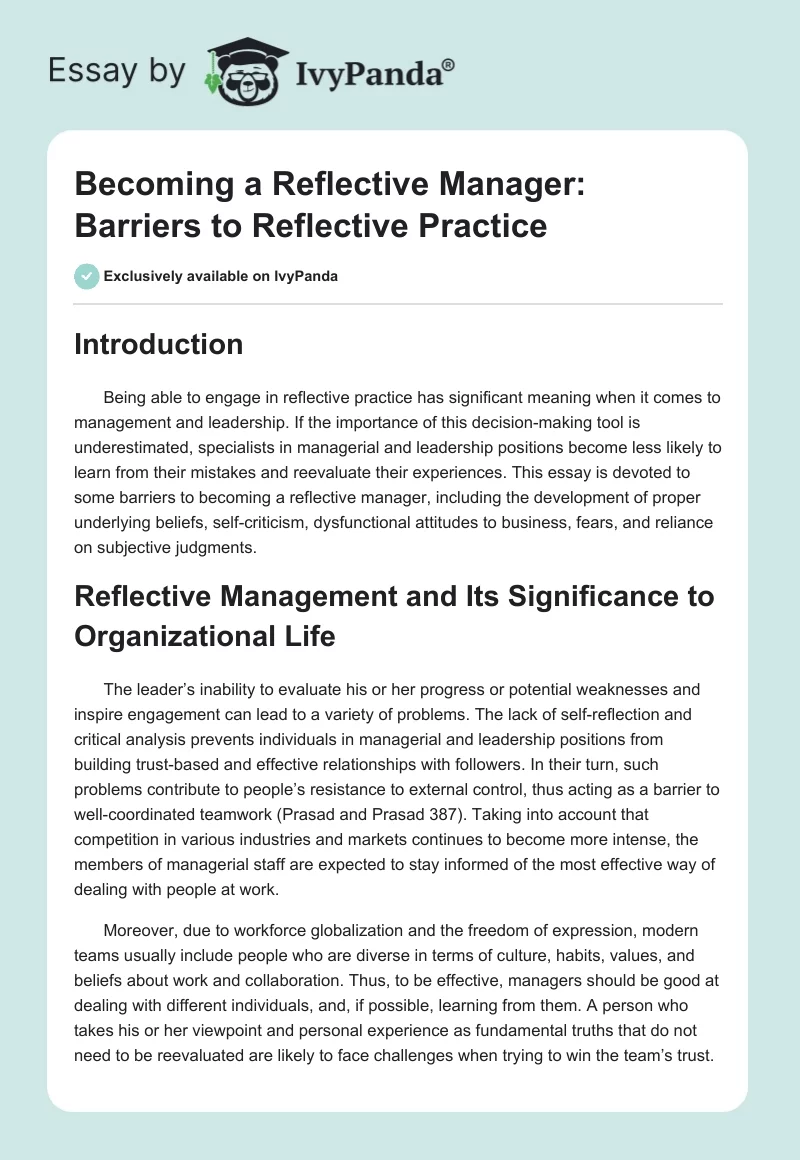 Becoming a Reflective Manager: Barriers to Reflective Practice. Page 1