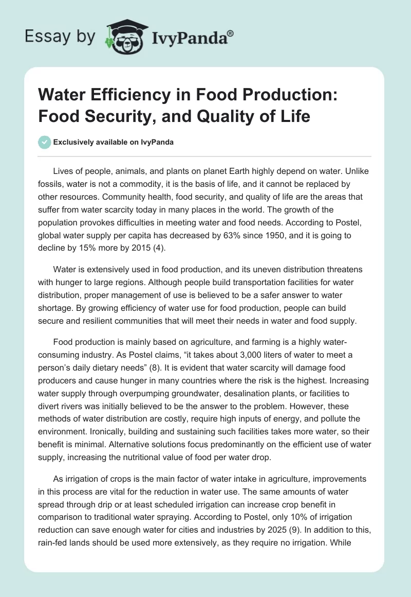 Water Efficiency in Food Production: Food Security, and Quality of Life. Page 1