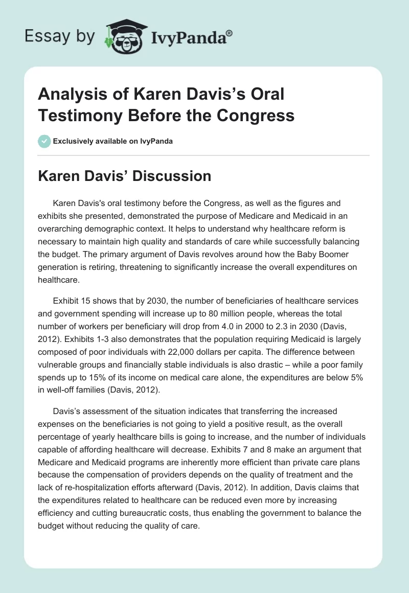 Analysis of Karen Davis’s Oral Testimony Before the Congress. Page 1