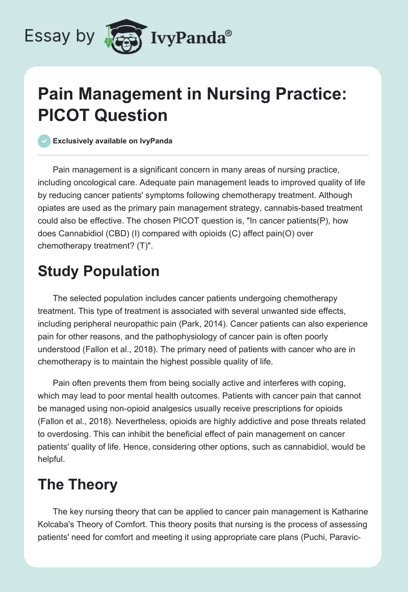 Pain Management in Nursing Practice: PICOT Question. Page 1