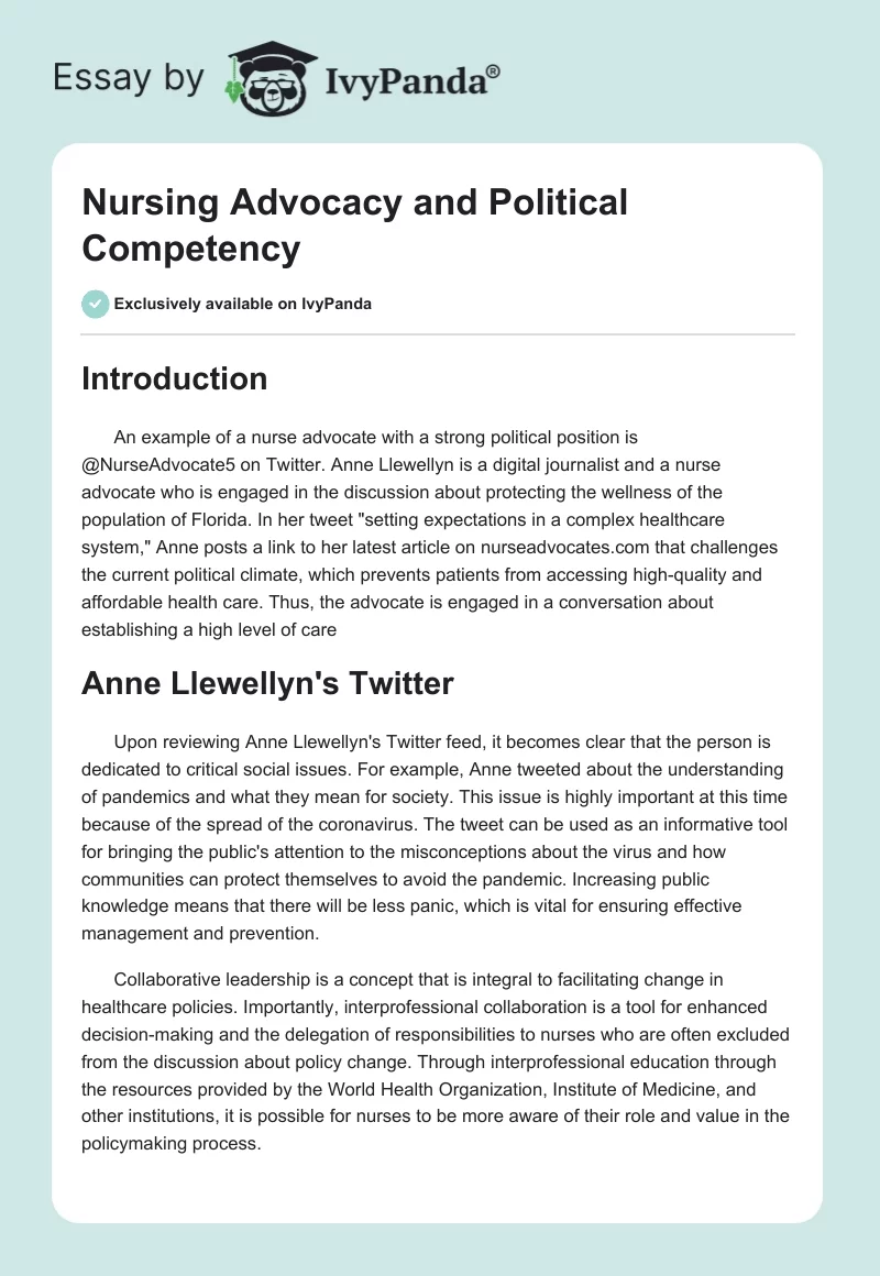Nursing Advocacy and Political Competency. Page 1