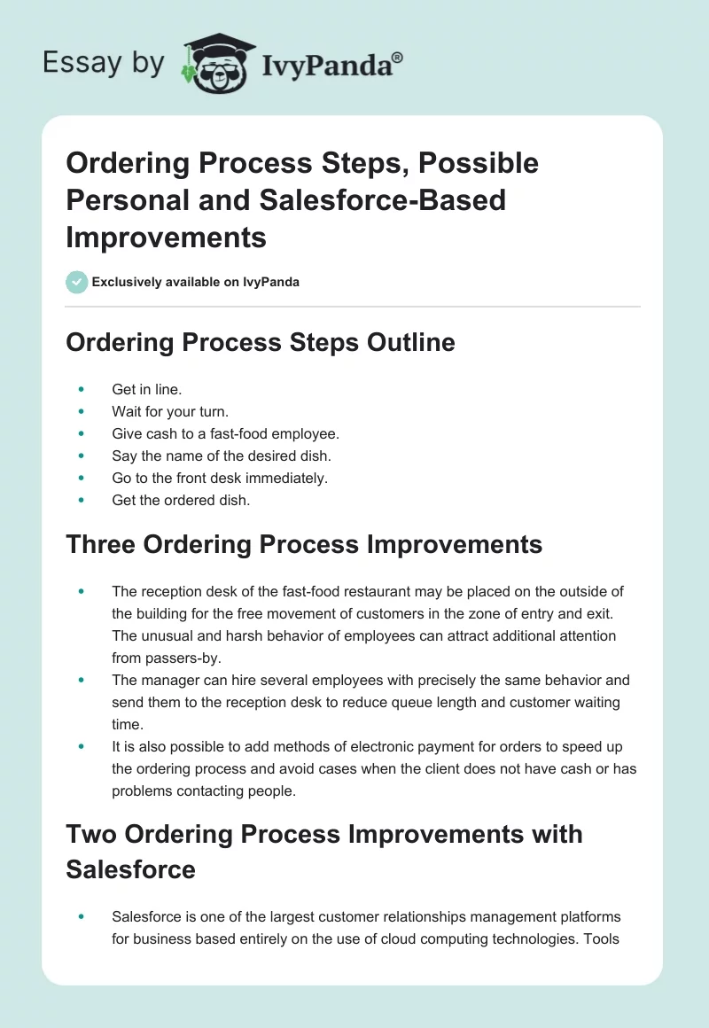 Ordering Process Steps, Possible Personal and Salesforce-Based Improvements. Page 1